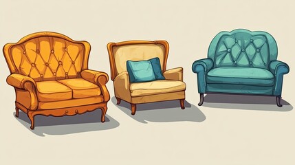 Set of cartoon-style home furniture including sofas and chairs