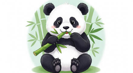 Cute panda bear eating bamboo, a sweet and adorable animal illustration