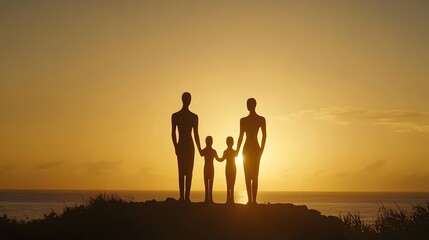 Fototapeta premium Silhouetted Family at Sunset Overlooking the Ocean Horizon