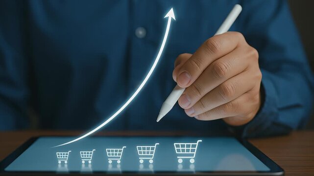 Logistics cost increase impacts e commerce growth with shopping cart icons and upward arrow digital tablet showing business growth