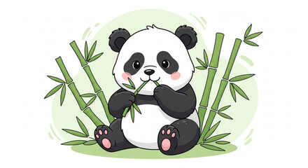 Cute panda bear eating bamboo, cartoon illustration of a panda