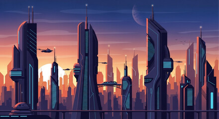 Futuristic cityscape at sunset, a vibrant illustration of a modern metropolis with flying vehicles