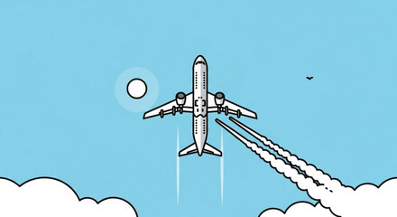 An airplane flying in the sky with clouds and sun, a modern and simple illustration style
