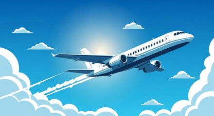 An airplane flying in the sky with clouds and sun, a modern and simple illustration style design