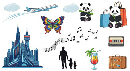Travel and leisure icons with airplane, panda, butterfly, music notes, family, cocktail and suitcase