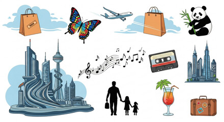 Travel and shopping icons with butterfly, airplane, panda, music notes, family, cocktail and suitcase