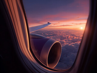 Passenger Window View of Airplane Wing and Engine at Sunset