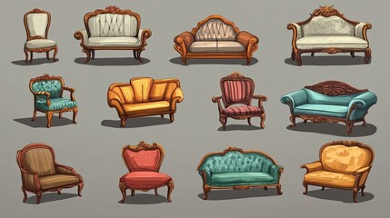 Set of cartoon-style home furniture including sofas and chairs