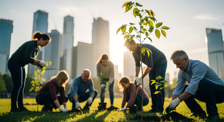Group of diverse people planting trees in an urban park, promoting environmental sustainability, community engagement, and green initiatives with city skyline in the background.