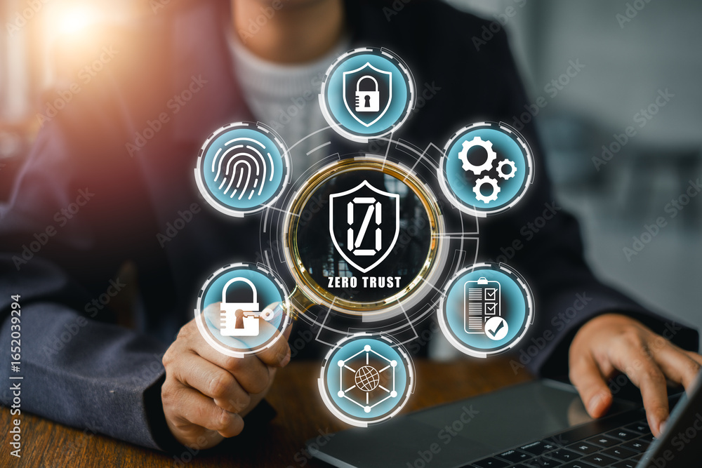 Poster visual representation of zero trust cybersecurity with digital icons and a business professional usi