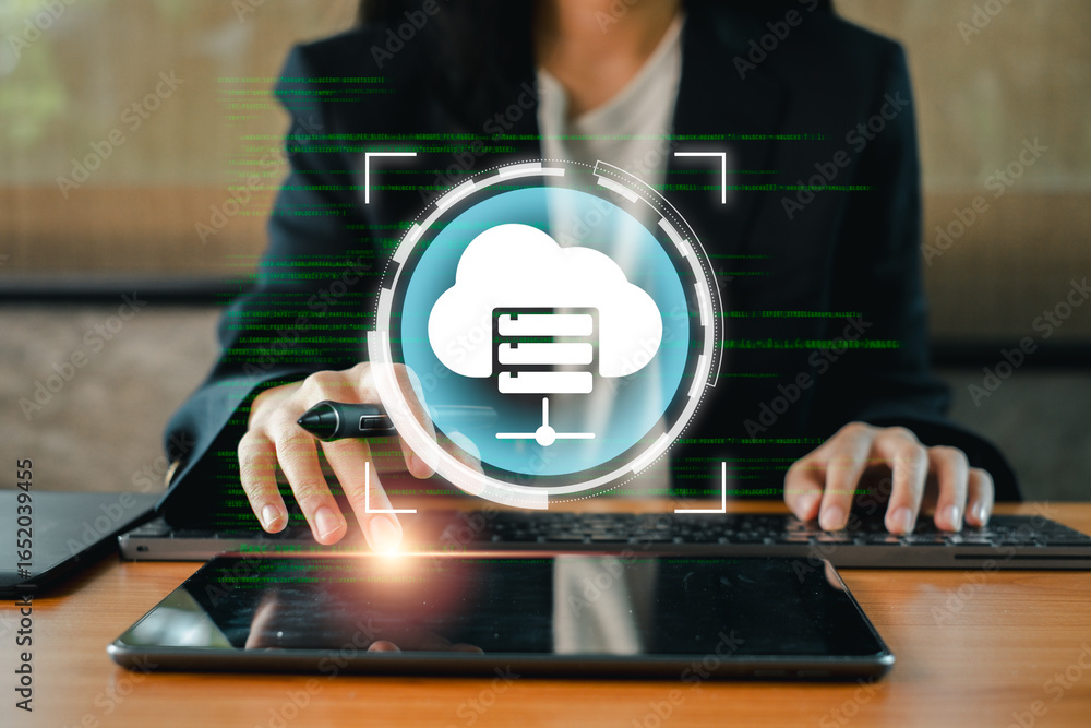 Poster high-tech data center showcasing cloud computing and digital storage solutions with advanced technol