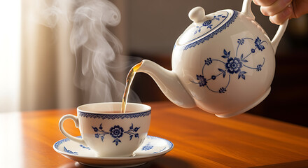 Close-up of Teapot Pouring Hot Tea into Delicate Tea Cup on Wooden Table, Steam Rising.  Serene Morning Tea Time, Beverage Concept.
