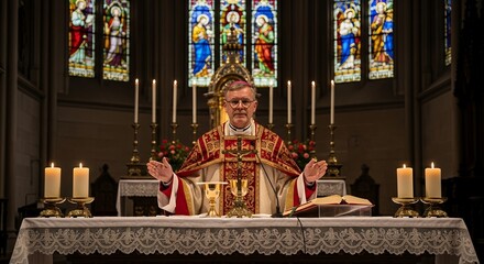 Catholic Priest Wearing Red Vestments Conducting Religious Ceremony in Church Altar