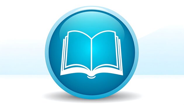 A stylized, open book icon on a glossy, cyan-blue circular button