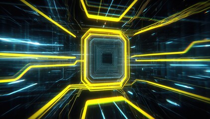 Abstract digital tunnel with glowing yellow lines