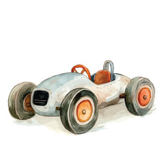 Watercolor illustration of a vintage toy race car with orange accents