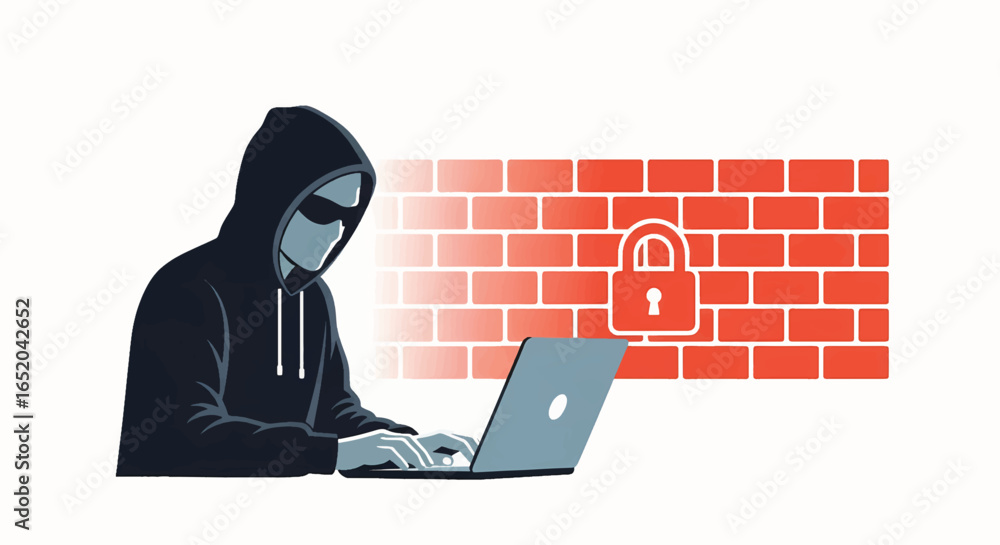Aufkleber anonymous hacker bypassing firewall with laptop, cybersecurity breach and data theft, online securit