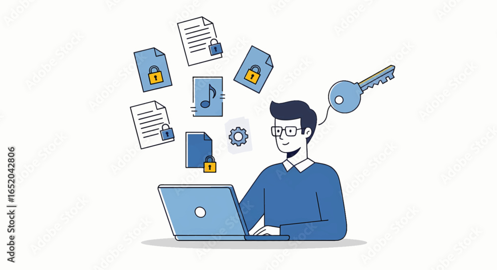 Poster data security illustration with man using laptop to protect files with digital key, emphasizing priv