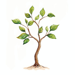 Watercolor Illustration of a Young Tree with Lush Green Leaves and Brown Trunk