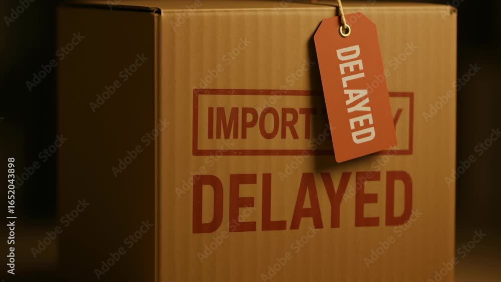 Poster logistics delay increase cost impact on cardboard box with visible tag causing shipment delay and hi