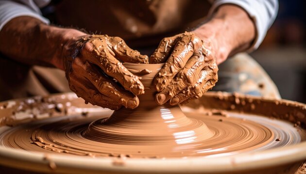 Hands Shaping Clay On Pottery Wheel