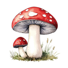 Watercolor Illustration of Two RedCapped Mushrooms with White Spots and Grass