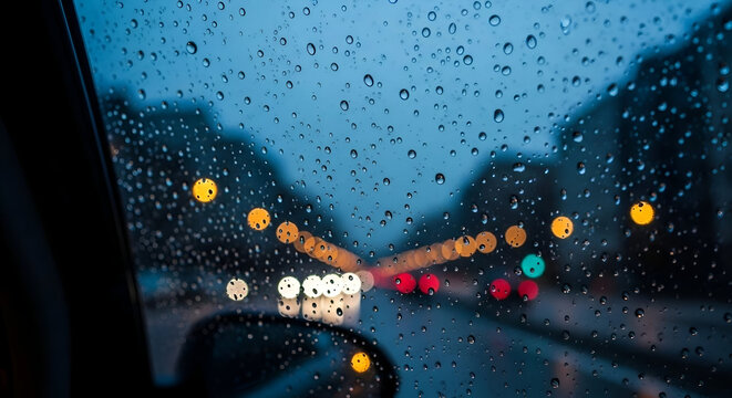 Raindrops on car window with blurred city lights