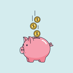 Obraz premium Saving for the future with a cute pink piggy bank and falling gold coins