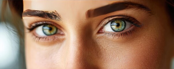 Naklejka premium Puffy cheeks under circles and skin concept. Close-up of captivating green eyes showcasing striking features.