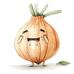 Watercolor Onion Character with Drooling Expression and Tiny Legs