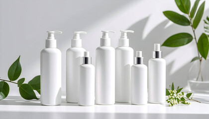 White Bottles Of Personal Care Products Arranged With Green Leaves Against A White Background