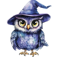 Watercolor Owl Portrait with Pointed Blue Witch Hat and Golden Eyes