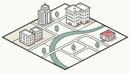 Isometric city map illustration with buildings river and trees for urban planning and navigation design