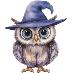 Watercolor Owl with a Pointed Blue Witch Hat and Large Eyes