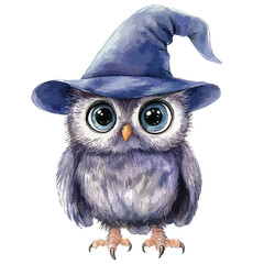 Watercolor Owl with Big Eyes Wearing a Blue Witch Hat for Halloween