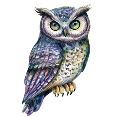 Watercolor Owl with Piercing Green Eyes and Detailed Feather Texture