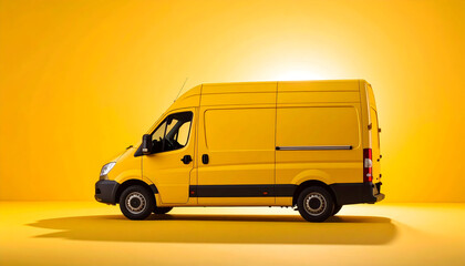 Bright Yellow Delivery Van Side View On Solid Yellow Background Studio Lighting Concept