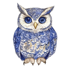 Watercolor Owl with Starry Eyes and Blue Plumage Front Facing