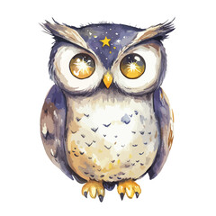 Watercolor Owl with Starry Head and Golden Eyes Frontal View