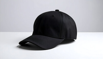 Isolated Black Baseball Cap Displayed on White Surface with Studio Lighting