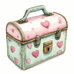 Watercolor Painted HeartAdorned Suitcase with Handle and Decorative Hardware