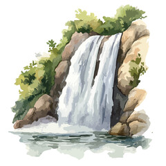 Watercolor Painting of a Cascading Waterfall Amidst Rocky Cliffs and Lush Greenery