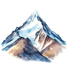 Watercolor Painting of a Majestic Mountain with Snowy Peak and Rocky Slopes