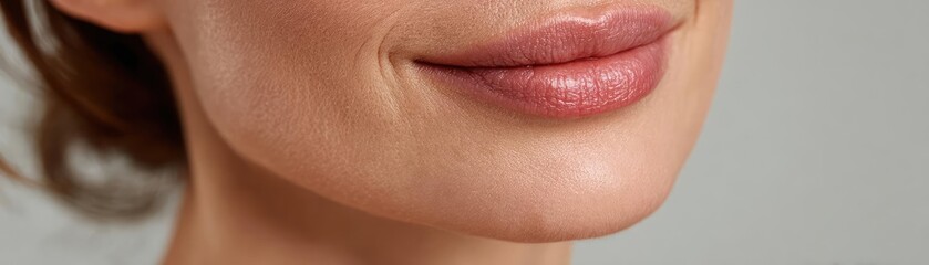 Fototapeta premium Puffy cheeks under circles and skin concept. Close-up of a woman's smile showcasing her healthy lips.