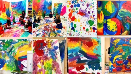 Fototapeta premium Young Artists Unleashed: A Vibrant Collage of Collaborative Painting and Abstract Expression