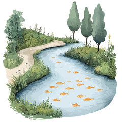 Watercolor Painting of a Serene Stream with Swimming Golden Fish and Lush Greenery