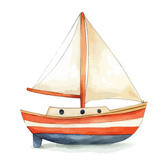 Watercolor Painting of a Small Sailboat with Orange and White Stripes