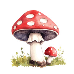 Watercolor Painting of Two Fly Agaric Mushrooms in Grass