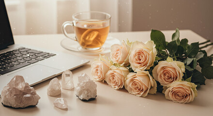 Beige Roses, Quartz Crystals, and Tea Beside Laptop on Table