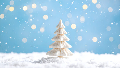 White Decorative Christmas Tree Standing In The Snow With A Blurred Blue Background Of Lights And Falling Snowflakes